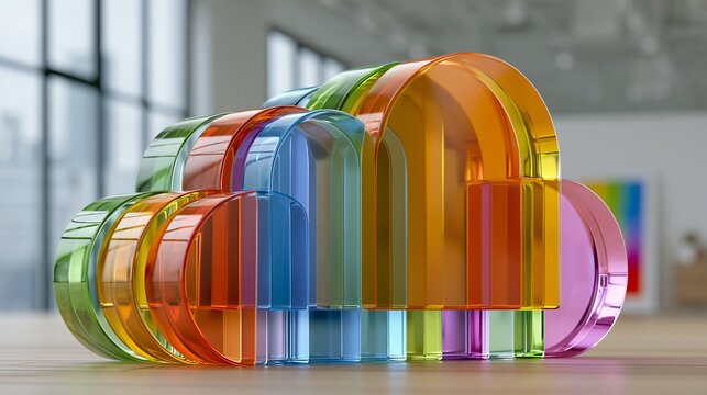 Colorful abstract sculpture arranged in stacked arches, hinting at diversity and harmony in a modern architectural setting, representing team synergy and innovative concepts