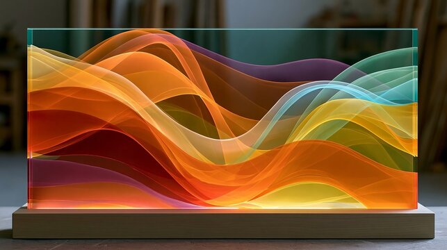 Fluid orange, turquoise, and magenta ribbons cascade across a wooden base, representing motion and energy as a vibrant concept for digital art and dynamic design