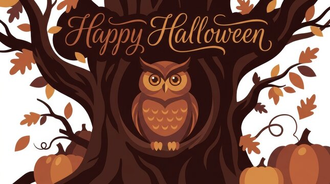 Cute brown owl perches in a gnarled tree with 'Happy Halloween' text, falling autumn leaves Halloween Concept Design
