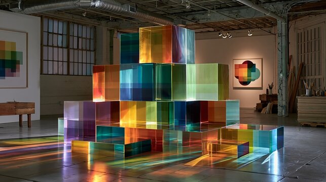 Stacked translucent blocks reflect vibrant hues of light and color, presenting a modern abstract sculpture set within a spacious industrial building with large window