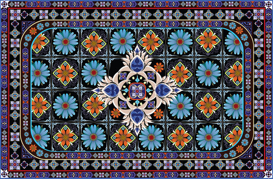 Ornate oriental floral tile seamless pattern design with vibrant flowers and intricate mandala border background