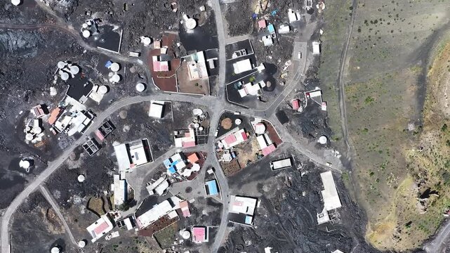 Birdseye Drone View of Cha das Caldeiras Village on Fogo Island, Cape Verde, Settlement Under Volcano 60fps