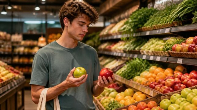 Young Man Selecting Green Apple and Red Apple in Grocery Store Aisle