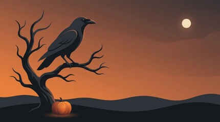 Naklejka premium Dark raven perched on a gnarled bare tree branch against a glowing orange sunset moonlit Halloween Concept Design
