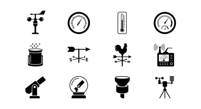 Weather Station Icons Set, Meteorology Instruments Collection, Climate Science Symbols Vector