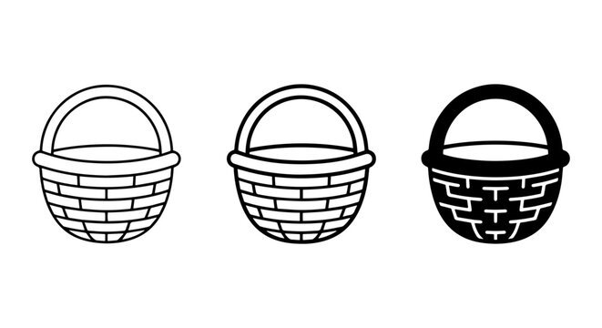 Woven Basket Icons Set, Simple Line Art and Silhouette Designs, Versatile Storage and Crafting Vector Graphics