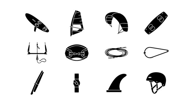 Water Sports Equipment Icons, Vector Set, Surfing, Windsurfing, Kitesurfing Gear