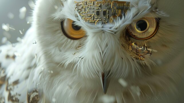 close up of a eagle focus on an elegant futuristic CPU processor module mounted on its forehead. Generative AI.
