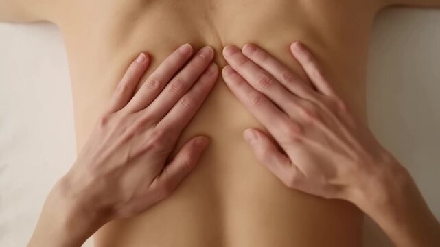 Top-down close-up of a professional therapist performing a short massage sequence on an adult back