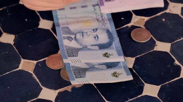 closeup Moroccan dirham money, coins on traditional table, count paper dirham banknotes, cash payments, monetary savings, save for vacation, exchange and cashing currency