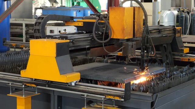 Plasma Cutter Cutting Steel Sheet on Factory Table