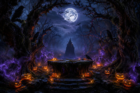 Pumpkin zombie Rising Out Of A Graveyard cemetery and church In Spooky scary dark Night full moon bats on tree. Holiday event halloween banner background concept