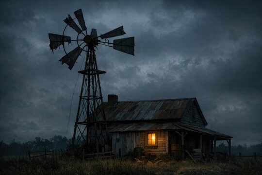 Rural countryside scene with old farmhouse and windmill on rooftop