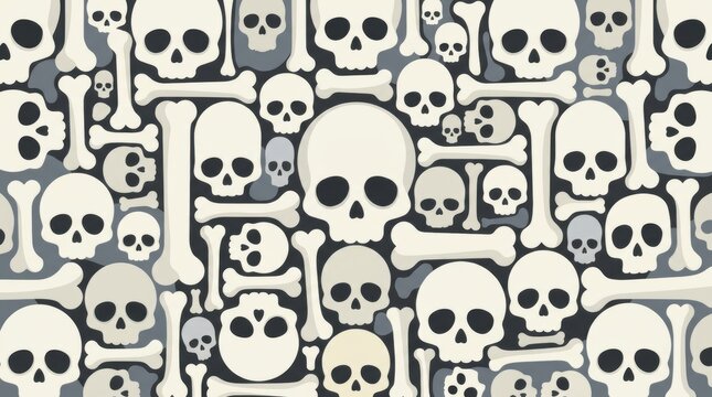 Flat vector seamless pattern with cute white and grey cartoon skulls and bones arranged Halloween Concept Design