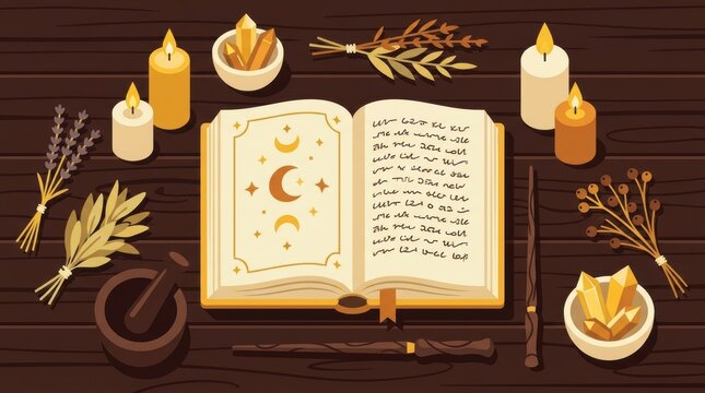 Enchanted grimoire sits among glowing candles, healing crystals, and dried herbs for a Halloween Concept Design