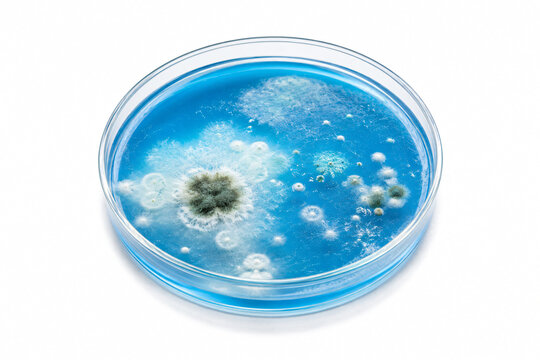 Various mold colonies growing on blue culture medium in a laboratory Petri dish, representing microbiology, fungal research, contamination and scientific testing