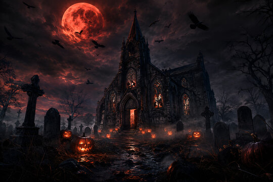 A spooky haunted house on a hill with a glowing red moon background wishing everyone a very happy halloween nigh