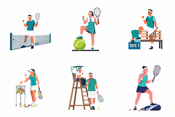 Fototapeta premium Professional Tennis Player Vector Character Set Featuring Athletes Training, Celebrating Victory at Net, Talking to Umpire, and Resting on Bench with Sports Equipment and Rackets