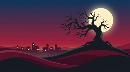 Naklejka premium Gnarled black tree silhouette stands before a glowing moon and a purple village in this Halloween Concept Design