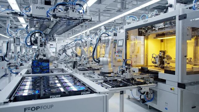 Automated robotic factory assembly line processing electronic components inside a cleanroom, showcasing precision manufacturing, industrial automation, and smart technology