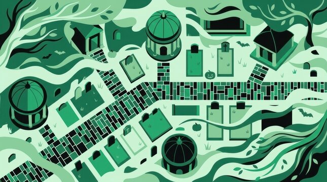Green tech-inspired isometric graveyard illustration with circuit paths and mausoleums Halloween Concept Design
