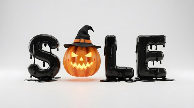 Halloween sale text made of glossy black slime with a glowing carved pumpkin in a witch hat isolated on white background