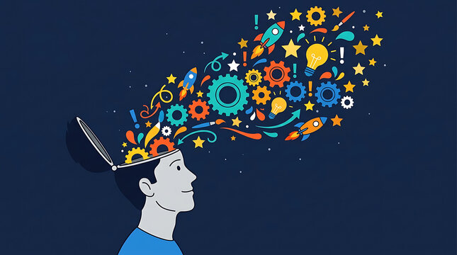 Person's mind filled with colorful ideas and symbols representing creativity and innovation