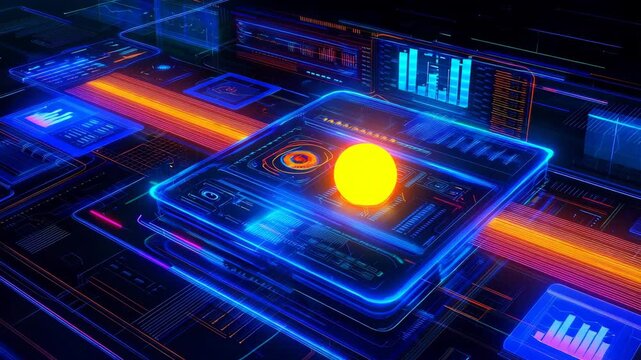 Abstract digital interface in a neon style featuring glowing UI elements, data charts, and a vivid yellow sphere. High-tech concept representing innovation, data analysis, and technology.
