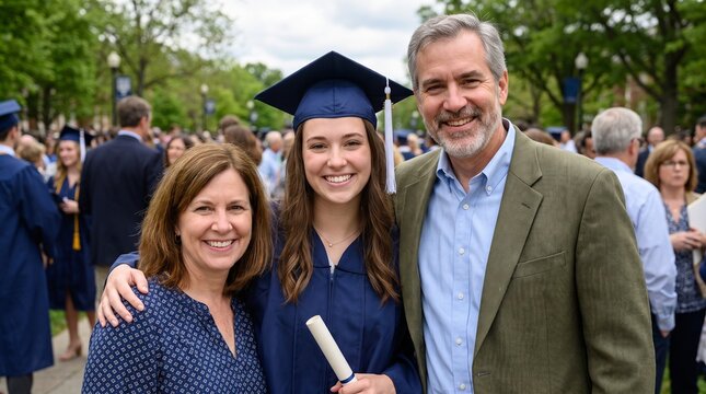 Happy female college graduate wearing blue cap and gown posing with proud parents for a joyful outdoor campus portrait photograph