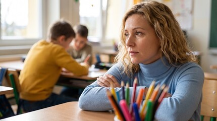 Obraz premium Thoughtful female teacher sitting at desk inside classroom while her young primary school students study quietly in the blurred background