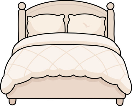 Cozy and comfortable bed with fluffy pillows and blanket vector illustration