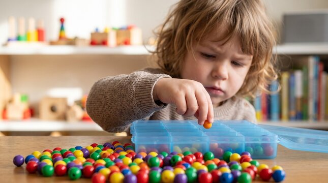 Focused little boy with messy hair sitting at table while sorting small colorful beads into clear plastic storage grid boxes