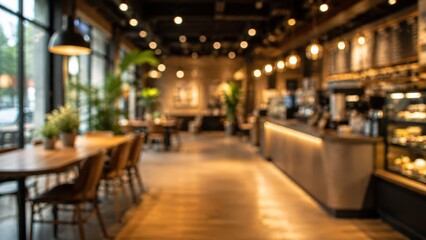 Fototapeta premium blurred background of a modern industrial coffee shop interior, warm amber lighting, wooden communal tables, long service counter, cozy cafe atmosphere.