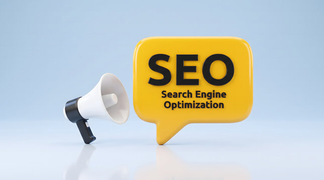 Megaphone with SEO speech bubble for digital marketing and search engine optimization strategy.