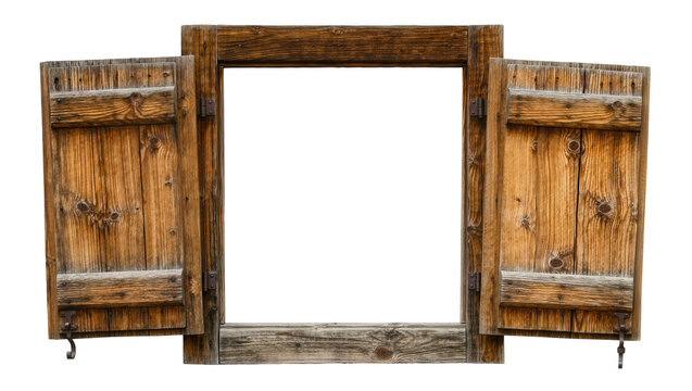Rustic wooden window frame with open shutters, isolated on transparent background