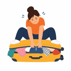 Fototapeta premium Struggling to Close an Overstuffed Suitcase. Woman Struggling to Close an Overstuffed Suitcase: a person sitting on top of an overstuffed suitcase trying to zip it closed