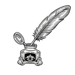 Hand drawn engraving style illustration of feather quill pen standing in an ornate vintage inkwell, isolated on transparent background. Great for literature and writing themes. © Alena