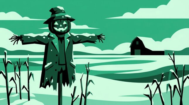 Monochromatic green scarecrow with a glowing jack-o-lantern head stands in a stark snowy field, Halloween Concept Design