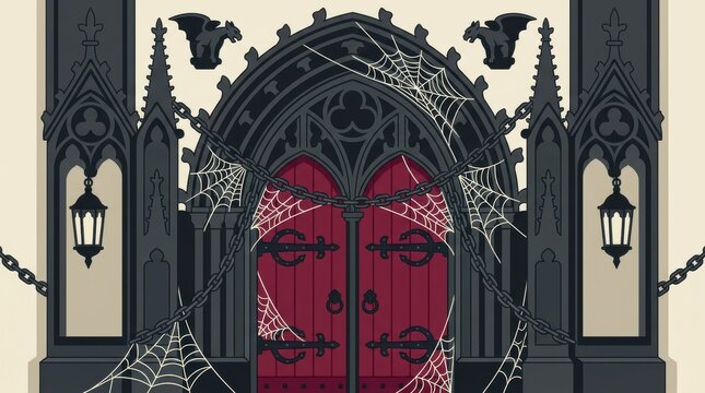 Ornate gothic arched entrance featuring dark stone, chained red doors, lanterns Halloween Concept Design