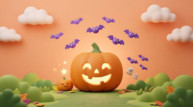 Cute 3d halloween jack o lantern pumpkin with flying bats in a whimsical landscape