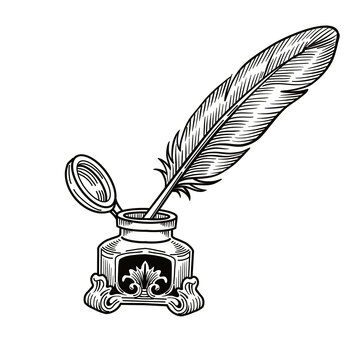 Hand drawn engraving style illustration of feather quill pen standing in an ornate vintage inkwell, isolated on transparent background. Great for literature and writing themes.