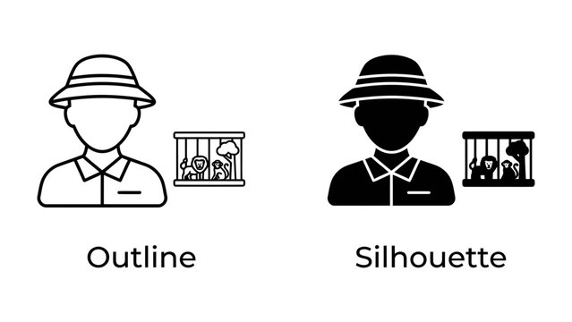 Zoo Keeper Icon Set: This graphic resource presents two distinct icons representing a zookeeper and an animal enclosure.