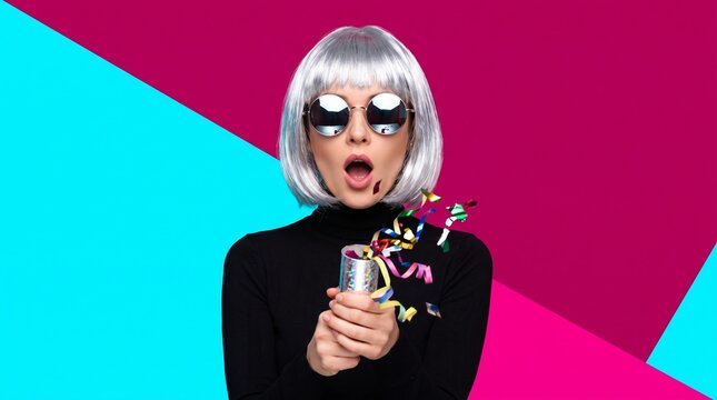 Stylish young woman with silver bob hair and round sunglasses blowing festive confetti against a vibrant pink and blue background