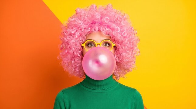 Excited woman wearing bright pink curly wig and yellow glasses blowing a large bubble gum sphere against vivid colorful background
