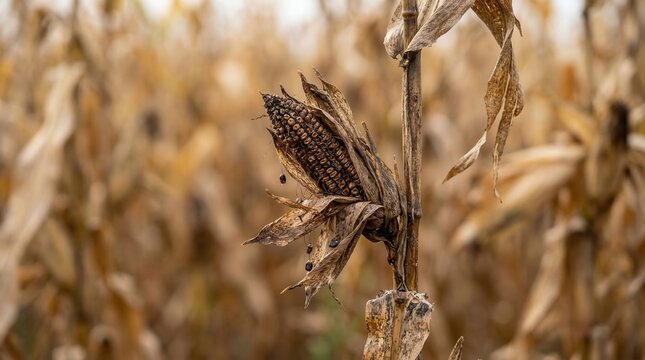 Dried dead corn cob hanging on a stalk in an autumn field, representing harvest failure, crop disease, or agriculture issues.