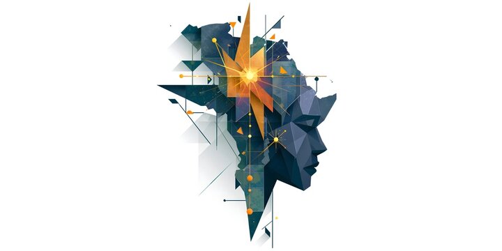 Africa continent map fused with a human face profile in geometric low poly style with orange energy burst