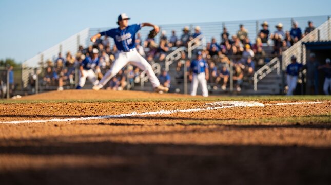 Focused baseball pitcher throwing a fast ball during a competitive game on a bright sunny afternoon at the local stadium