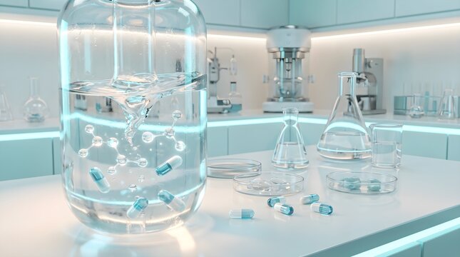 Futuristic pharmaceutical laboratory with medicine samples and scientific glassware.