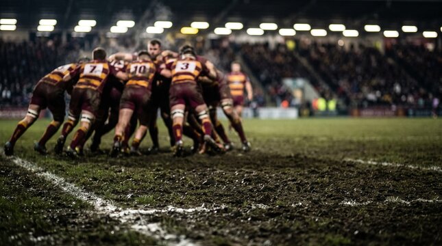 Determined rugby players engaged in a muddy scrum formation during an intense night match under bright stadium lights at park
