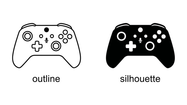 Video Game Controller Outline and Silhouette: A detailed outline and a stark black silhouette of a modern video game controller, showcasing its buttons, joysticks, and ergonomic design.
